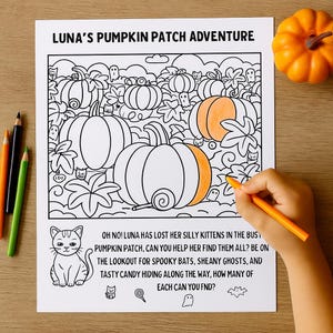 Puede incluir: Una página para colorear titulada "LUNA'S PUMPKIN PATCH ADVENTURE" con una escena de campo de calabazas, una ilustración de gato y texto. Un marcador naranja está coloreando una calabaza. Una pequeña calabaza naranja está en la esquina superior derecha. Lápices de colores negros, naranjas y verdes están a la izquierda.
