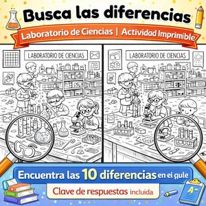 May include: Black and white printable activity sheet titled "Find the Differences." The sheet features two laboratory scenes with children and scientific equipment. Text includes "Laboratory of Sciences" and "Find 10 differences."