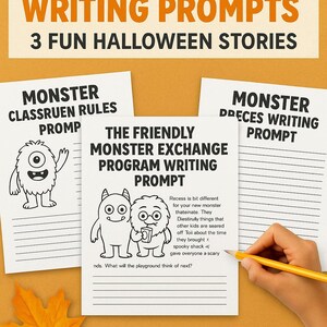 Może przedstawiać: Zasób edukacyjny o tematyce Halloween z tekstem "MONSTER WRITING PROMPTS" i "3 FUN HALLOWEEN STORIES". Obraz przedstawia motywowane potworami podpowiedzi do pisania na białym papierze, z ilustracjami i liniowanymi przestrzeniami do pisania. Ręka trzyma żółty ołówek.