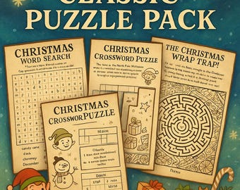 May include: A collection of Christmas-themed puzzle pages, including a word search, crossword puzzles, and a maze. The pages have a vintage, aged paper appearance with festive illustrations and text. The title "CLASSIC PUZZLE PACK" is at the top.