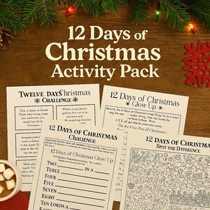 Könnte beinhalten: Eine Sammlung von gedruckten Aktivitätsblättern für die "12 Tage von Weihnachten". Die Blätter enthalten Herausforderungen, einen Abschnitt "Glow Up" und ein "Finde den Unterschied"-Spiel. Der Titel "12 Days of Christmas Activity Pack" wird groß angezeigt.