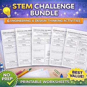 May include: A collection of printable STEM challenge worksheets, featuring titles such as "Bridge" and "Egg Drop." The worksheets are white with black text and graphics. The image includes the text "STEM CHALLENGE BUNDLE" and "6 ENGINEERING & DESIGN THINKING ACTIVITIES."