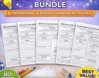 May include: A bundle of printable STEM challenge worksheets with titles like "Bridge" and "Egg Drop." The worksheets are white with black text and graphics. The image includes the text "STEM CHALLENGE BUNDLE" and "6 ENGINEERING & DESIGN THINKING ACTIVITIES."