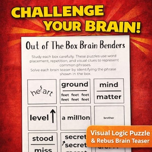 May include: A white sheet with brain teaser puzzles. The sheet has the text "Out of The Box Brain Benders" and "Challenge Your Brain!". The puzzles use word placement and visual clues. The sheet is on a red background.