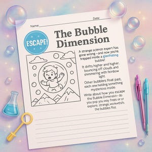 May include: A whimsical illustration of a child trapped in a bubble, part of a worksheet titled "The Bubble Dimension." The page includes text, a drawing, and is surrounded by bubbles, pens, and a bubble wand. The color scheme is soft and pastel.