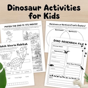 May include: Black and white dinosaur-themed activity sheets for kids. The sheets include matching games, a research file, and a carnivore/herbivore exploration chart. The title "Dinosaur Activities for Kids" is at the top.