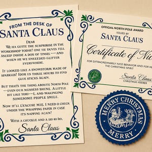 May include: A collection of Christmas-themed stationery. Includes a letter from Santa Claus, a certificate of niceness, and a blue Merry Christmas seal. The letter and certificate have decorative green and blue borders.