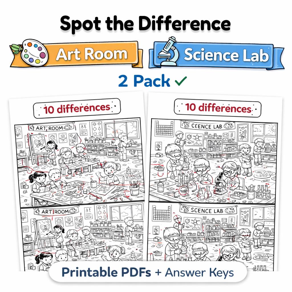 Spot the Difference Art Room & Science Lab | 2 Pack Printable | Find ...