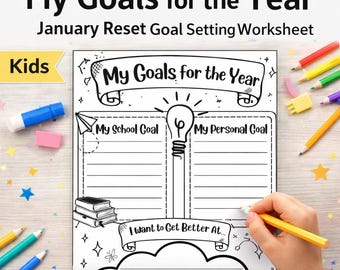 Hoja de trabajo para establecer metas de enero para niños / Objetivos y reflexión para estudiantes / Grados 2.º a 5.º