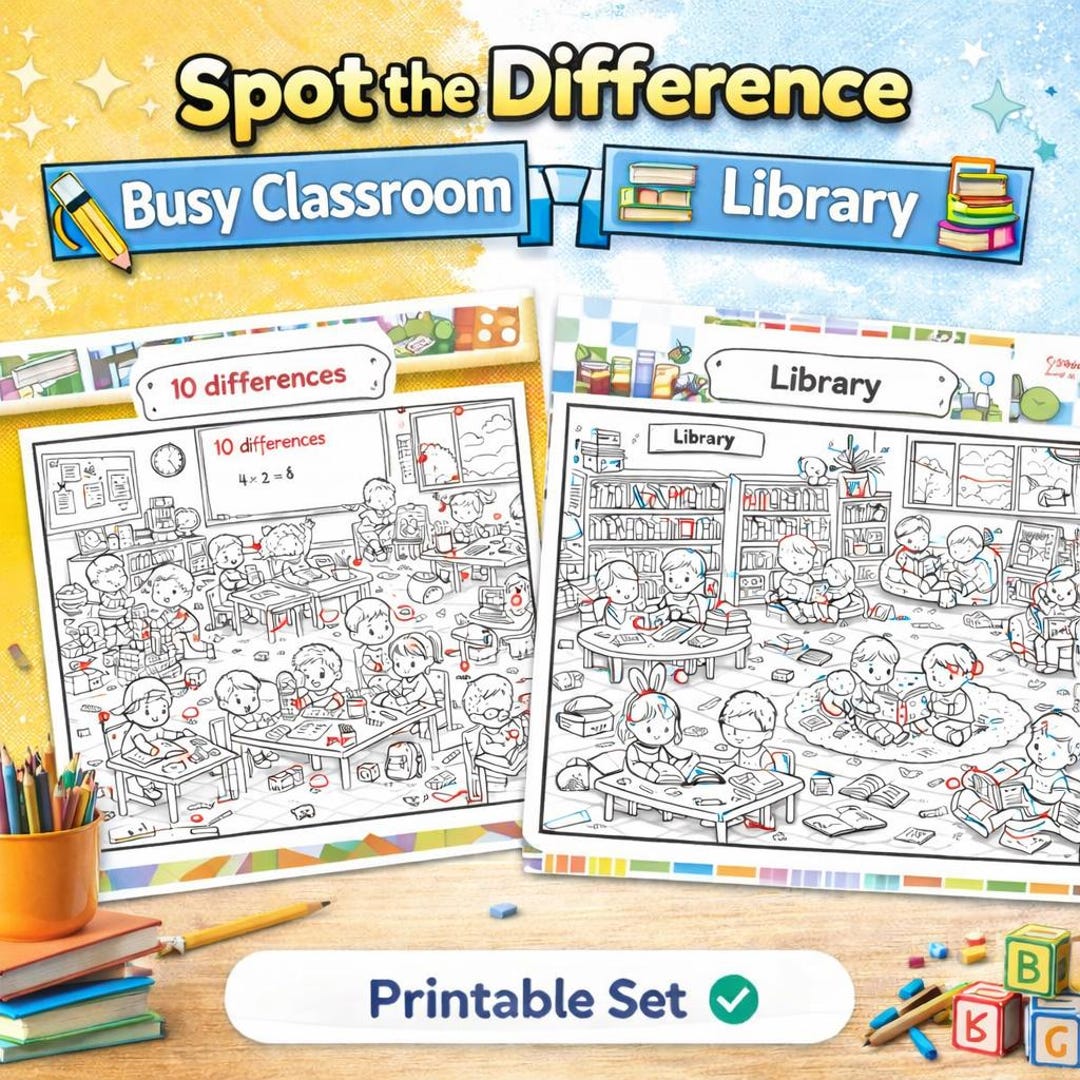 Spot the Difference Worksheets | Busy Classroom & Library | Find the 10 ...