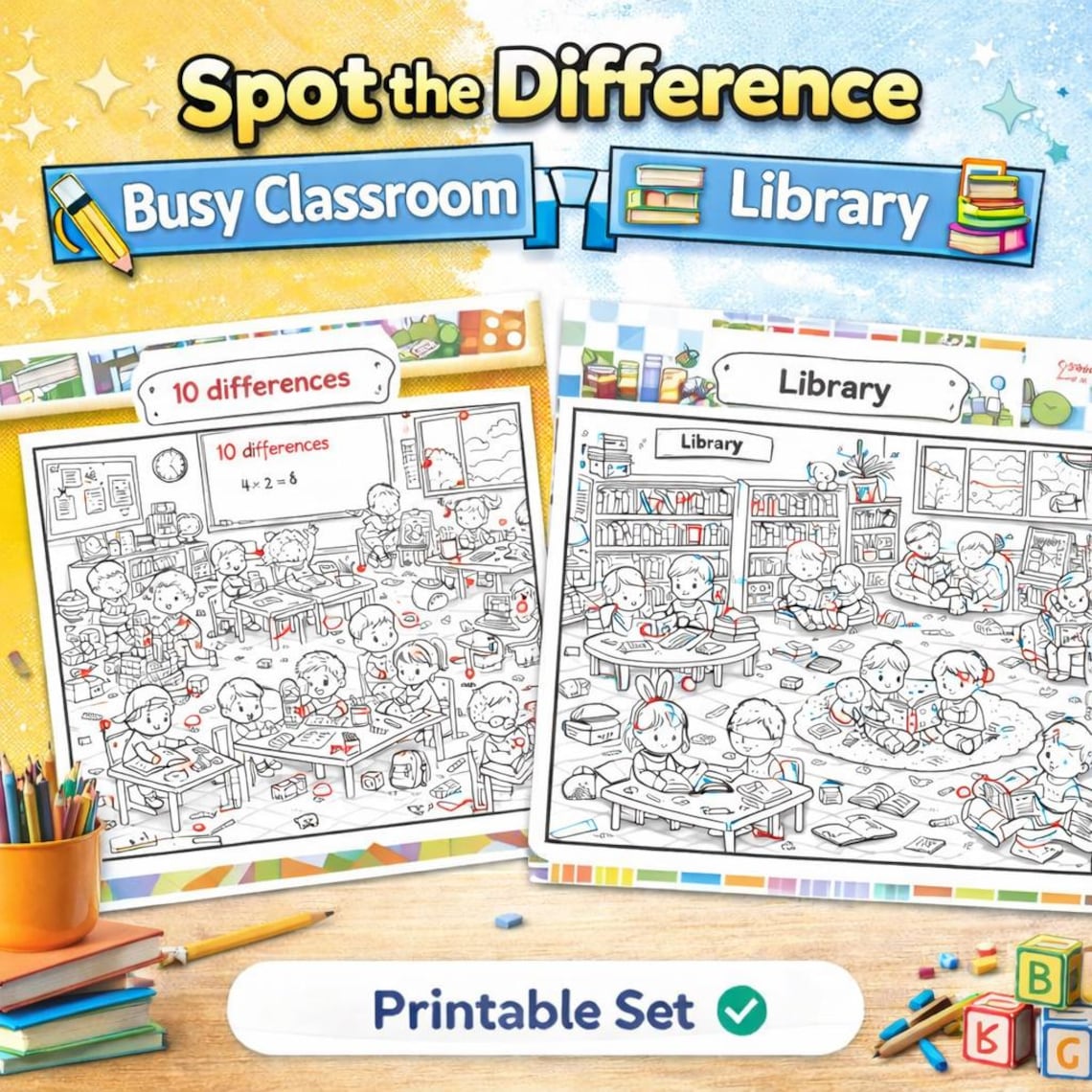 Spot the Difference Worksheets | Busy Classroom & Library | Find the 10 ...