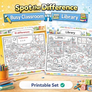 May include: A printable set of two black and white "Spot the Difference" activity pages. One page shows a busy classroom scene, the other a library. The set includes the text "Printable Set" and "10 differences".