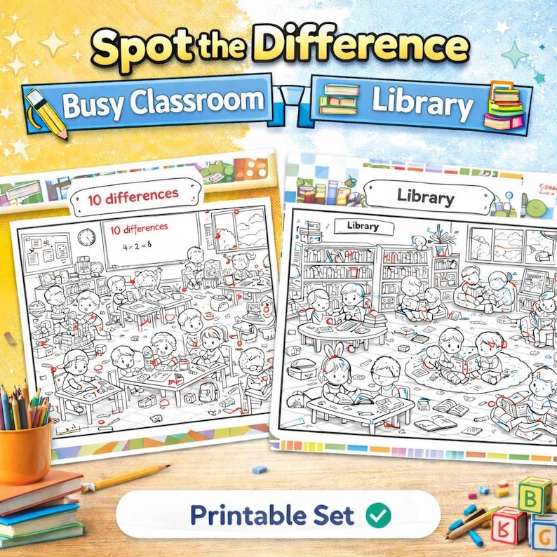 Spot the Difference Worksheets | Busy Classroom & Library | Find the 10 ...