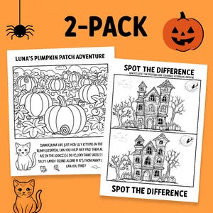 May include: Two-pack of Halloween-themed activity books. One book features a pumpkin patch coloring page with text, and the other is a "Spot the Difference" game. Includes a jack-o'-lantern and spider graphic.