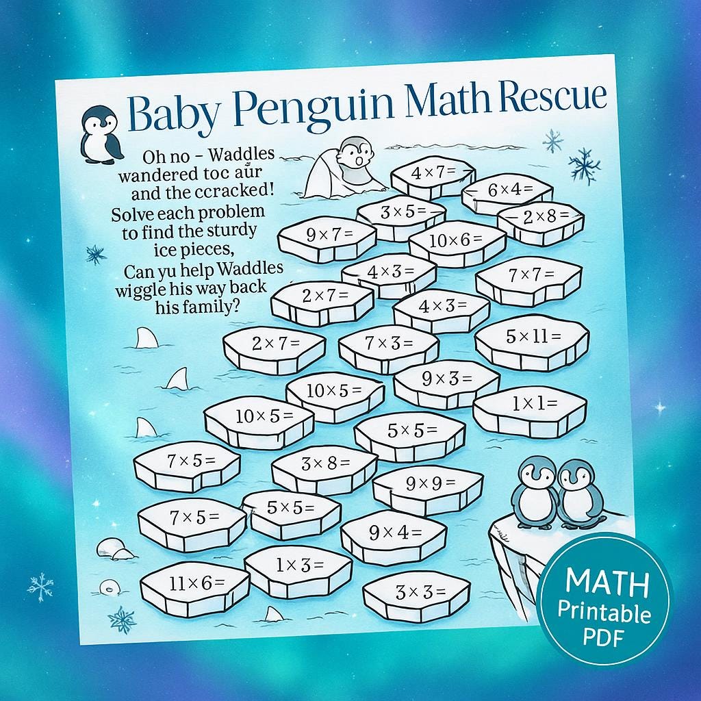Baby Penguin Math Rescue – Winter Multiplication Worksheet | Ice Jump ...