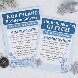 Puede incluir: Dos tarjetas de preguntas de escritura tituladas "Northland Problem Solvers" y "The Reindeer GPS Glitch". Las tarjetas tienen texto azul y blanco con ilustraciones de una brújula, un puente y un reno. Las preguntas son para la escritura creativa.