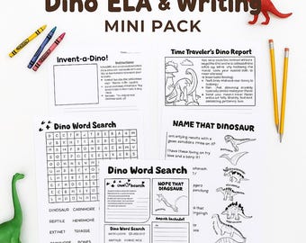 May include: A mini pack of educational materials with a dinosaur theme. Includes worksheets with word searches, writing prompts, and a dinosaur report. Crayons, pencils, and toy dinosaurs are also present.