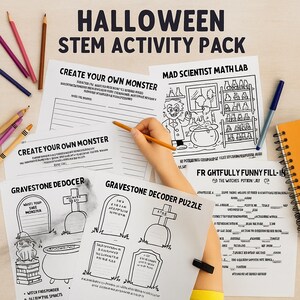 Puede incluir: Un paquete de actividades STEM de Halloween con hojas de trabajo para crear monstruos, resolver acertijos y un laboratorio de matemáticas de científicos locos. Incluye lápices, bolígrafos y un bloc de notas.