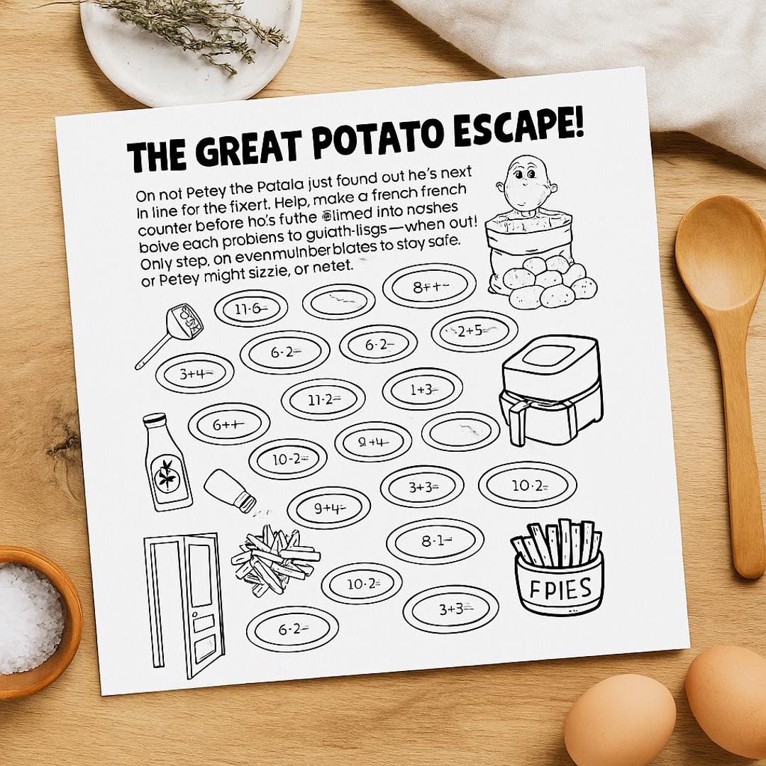 Potato Escape Math Worksheet: Fun Food Activity (PDF) - Etsy