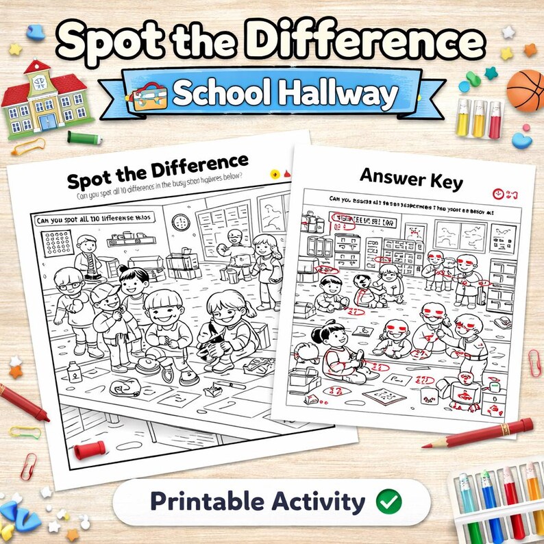 School Hallway Spot the Difference Printable | Find the 10 Differences ...