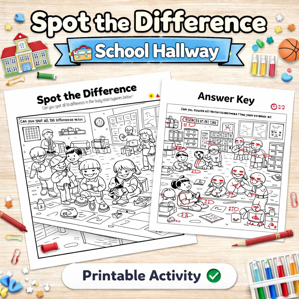 Find Differences School School Hallway Spot the Difference Printable | Find the 10 Differences ...