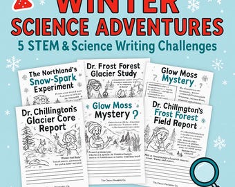 May include: A light blue poster with the text "WINTER SCIENCE ADVENTURES" in red, promoting five STEM and science writing challenges. The poster includes titles like "The Northland's Snow-Spark Experiment" and "Glow Moss Mystery?" A magnifying glass is visible.
