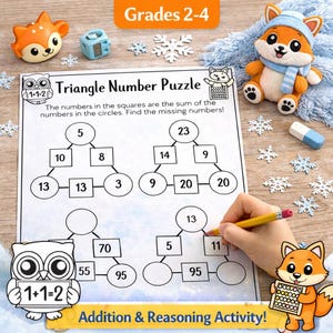 May include: A worksheet titled "Triangle Number Puzzle" with addition and reasoning activities for grades 2-4. The worksheet features a number puzzle with circles and squares, and the text "Addition & Reasoning Activity!" is also visible.