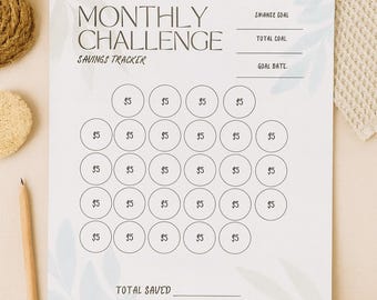 May include: A white savings tracker with the text "MONTHLY CHALLENGE" and "SAVINGS TRACKER". It has circles with "$5" inside, and spaces for goals and dates. The image includes wooden bowls, coins, and a pencil.