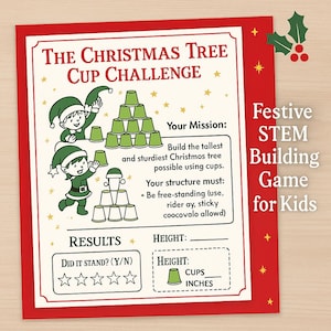 Puede incluir: Un juego de construcción STEM festivo para niños. La tarjeta roja y blanca presenta el texto "The Christmas Tree Cup Challenge" e ilustraciones de elfos y vasos apilados. El juego desafía a los jugadores a construir el árbol de Navidad más alto.