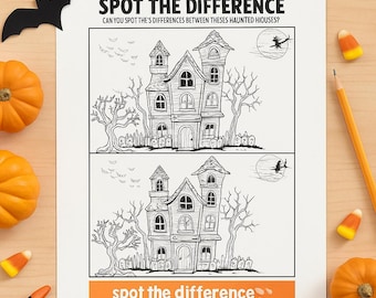 Halloween Spot the Difference Printable • Haunted House Puzzle Worksheet for Kids • Fun Classroom & Party Activity