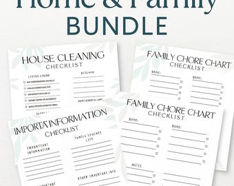 Può includere: Un pacchetto di liste di controllo stampabili per l'organizzazione della casa e della famiglia. Include una lista di controllo per la pulizia della casa, grafici delle faccende familiari e una lista di controllo delle informazioni importanti. Il testo "Home & Family BUNDLE" è in alto.