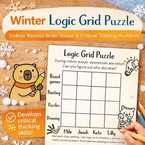Op de afbeelding: Een werkblad met logische rasterpuzzels met als thema winter, getiteld "Winter Logic Grid Puzzle". Het werkblad bevat een raster, illustraties en de tekst "Ontwikkelt kritische denkvaardigheden!"