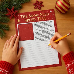 May include: A red paper with the text "THE SNOW SLED SPEED TEST" is being written on with a yellow pencil. The paper has lines for writing and a section for drawing. Christmas decorations are in the background.