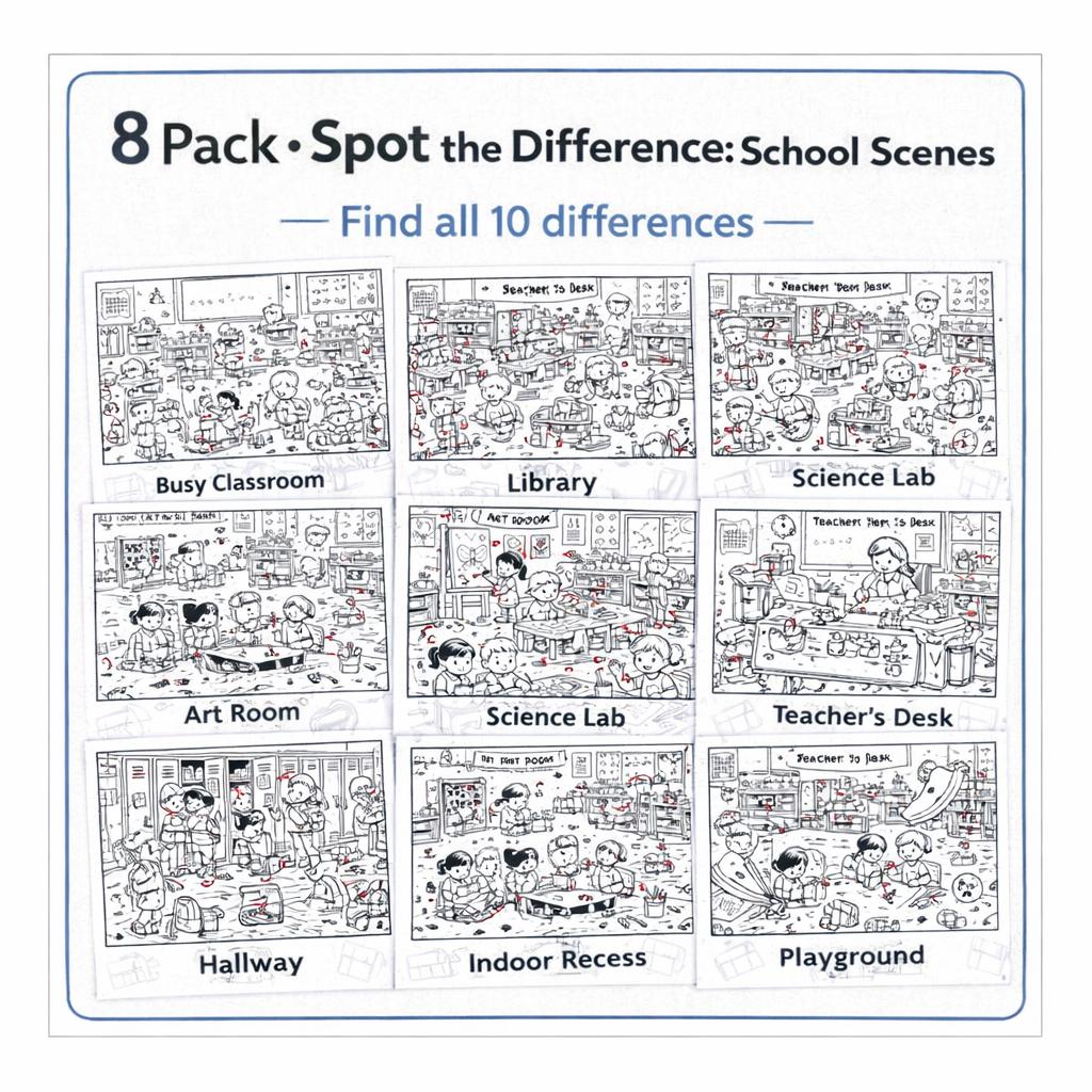 Spot the Difference Worksheets – School Scenes 8 Pack | Classroom ...