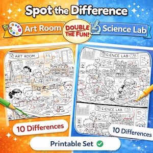 May include: A printable "Spot the Difference" game set with an art room and a science lab scene. Each scene has 10 differences to find. The title reads "Spot the Difference" with the phrase "Double the Fun!"