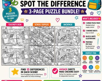 May include: A 3-page school supplies spot the difference puzzle bundle featuring black and white illustrations of a teacher's desk, school supplies, and a backpack. Includes 3 answer sheets, 30 differences to find, and printable PDF files.