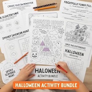 May include: A Halloween activity bundle featuring coloring pages, a crossword, and scavenger hunts. The pages include a haunted house, pumpkins, ghosts, and the text "Halloween Activity Bundle". Pencils are also visible.