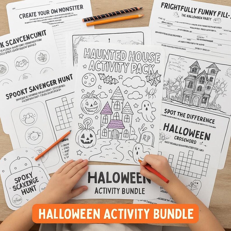 May include: A Halloween activity bundle featuring coloring pages, a crossword, and scavenger hunts. The pages include a haunted house, pumpkins, ghosts, and the text "Halloween Activity Bundle". Pencils are also visible.