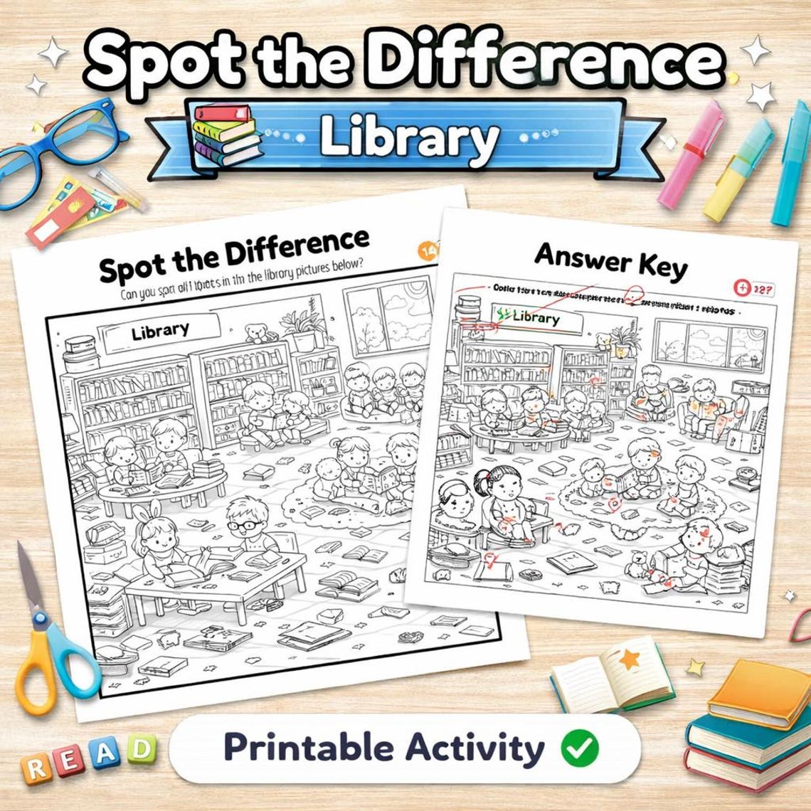 Spot the Difference Library | Printable Reading Activity for Kids ...
