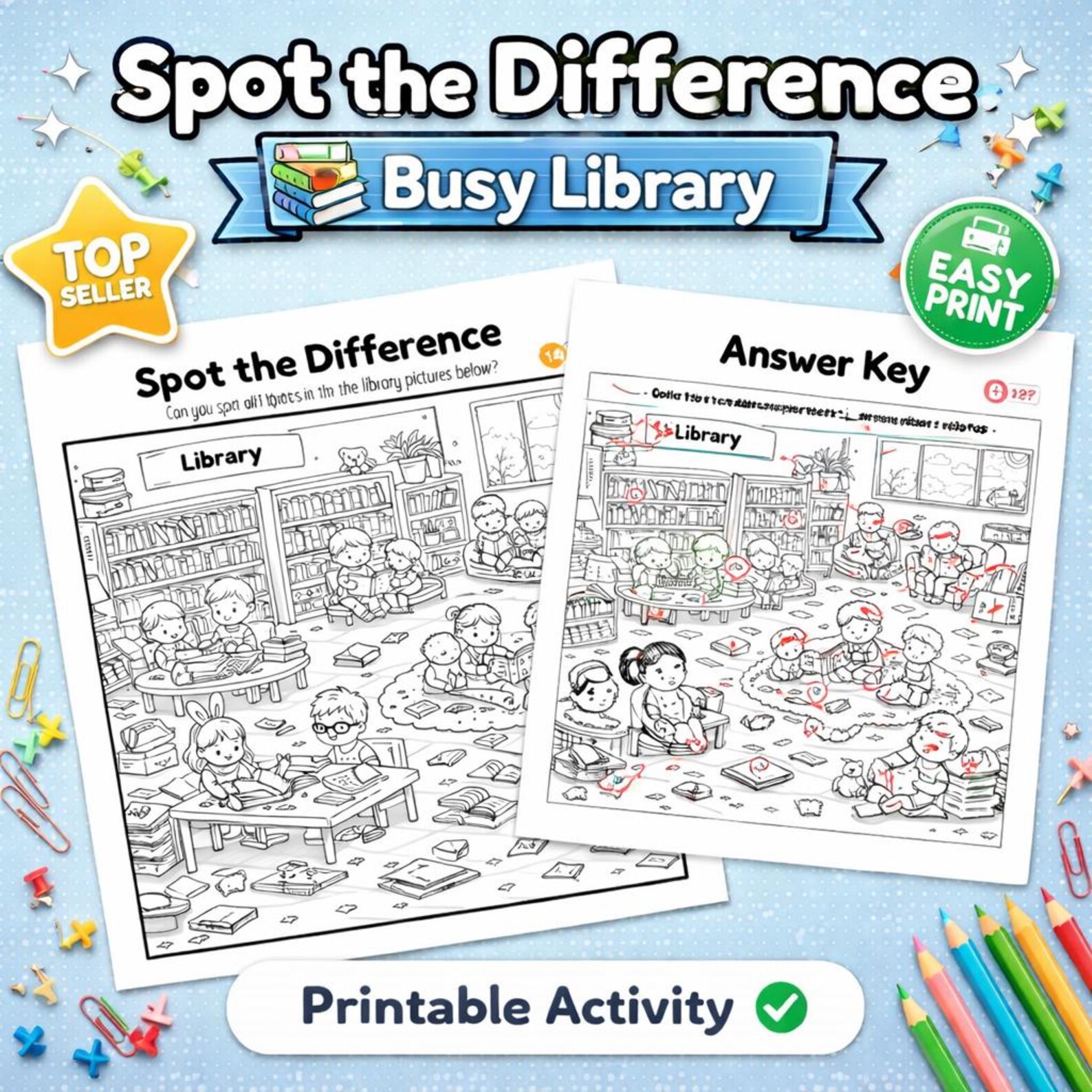 Spot the Difference Library | Printable Reading Activity for Kids ...