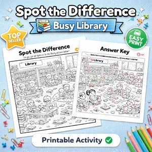 Puede incluir: Hojas de actividades imprimibles en blanco y negro con el texto "Spot the Difference Busy Library". Una hoja muestra una escena de biblioteca con niños, la otra es la clave de respuestas. También se ve el texto "Printable Activity".