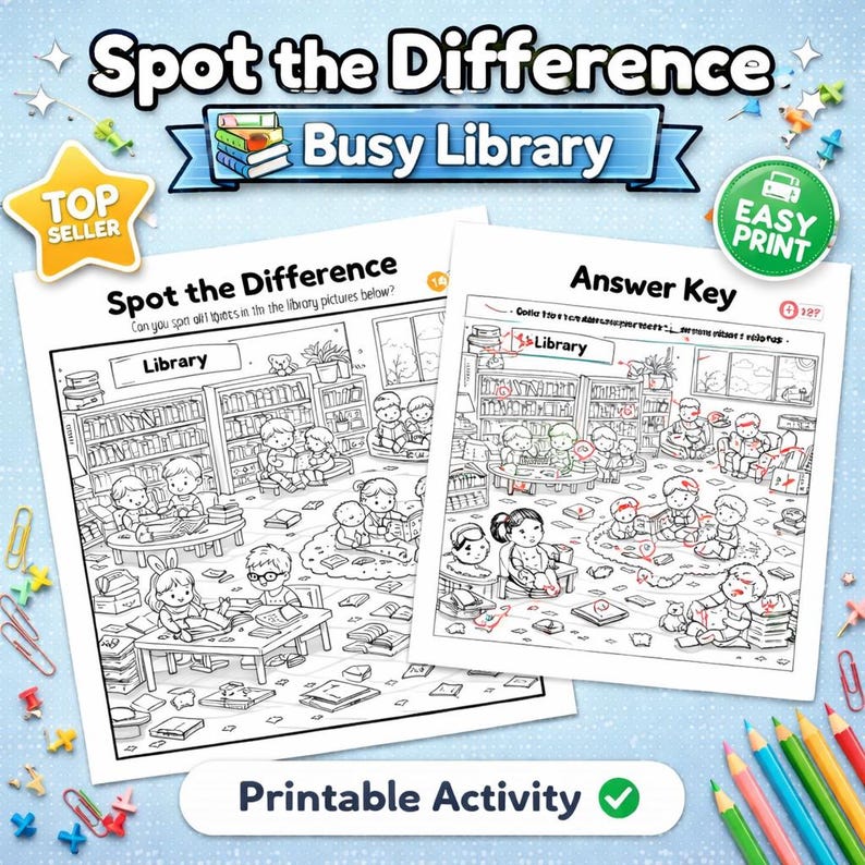 Spot the Difference Library | Printable Reading Activity for Kids ...