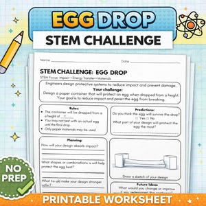 Könnte beinhalten: Ein ausdruckbares STEM-Challenge-Arbeitsblatt mit dem Titel „Egg Drop“ mit einem blau-weißen Header. Das Arbeitsblatt enthält Abschnitte für Planung, Vorhersagen und zukünftige Ideen. Ein Bleistift und Sternverzierungen sind im Bild.