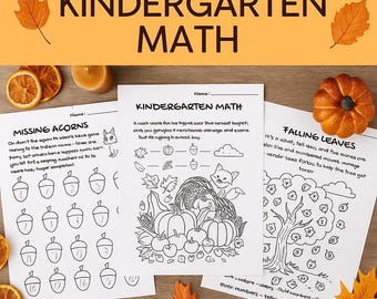 May include: Three worksheets for kindergarten math, featuring autumn themes. The worksheets include activities like counting acorns, a harvest basket scene, and falling leaves. The text "KINDERGARTEN MATH" is at the top.