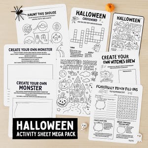 May include: A collection of Halloween-themed activity sheets, including a crossword puzzle, coloring pages, and fill-in activities. The sheets feature spooky illustrations of haunted houses, pumpkins, and ghosts. The text "Halloween Activity Sheet Mega Pack" is visible.
