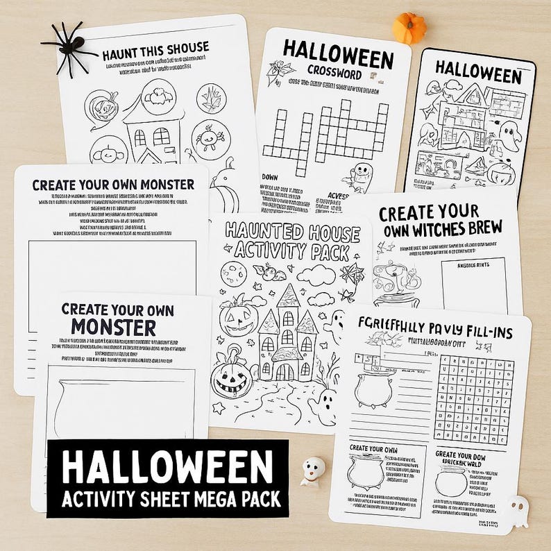May include: A collection of Halloween-themed activity sheets, including a crossword puzzle, coloring pages, and fill-in activities. The sheets feature spooky illustrations of haunted houses, pumpkins, and ghosts. The text "Halloween Activity Sheet Mega Pack" is visible.