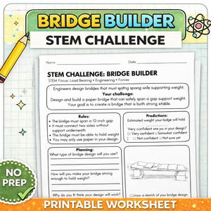 Puede incluir: Una hoja de trabajo imprimible para un desafío STEM titulado "Bridge Builder", centrado en la ingeniería. La hoja de trabajo guía el diseño de un puente de papel, con reglas, incluyendo un hueco de 30,48 cm. Incluye secciones de planificación y espacio para predicciones.