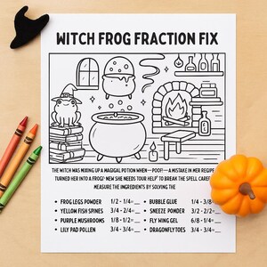 Puede incluir: Una página para colorear en blanco y negro titulada "Witch Frog Fraction Fix" con un caldero de bruja, una rana y otras ilustraciones temáticas de brujas. Incluye una pequeña calabaza y crayones. La página tiene problemas de fracciones para resolver.