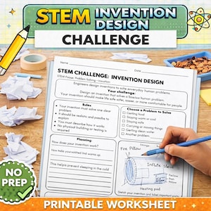 May include: A STEM Invention Design Challenge printable worksheet. The worksheet includes sections for planning, rules, and choosing a problem to solve. A hand is holding a blue pencil, sketching a fire pillow.