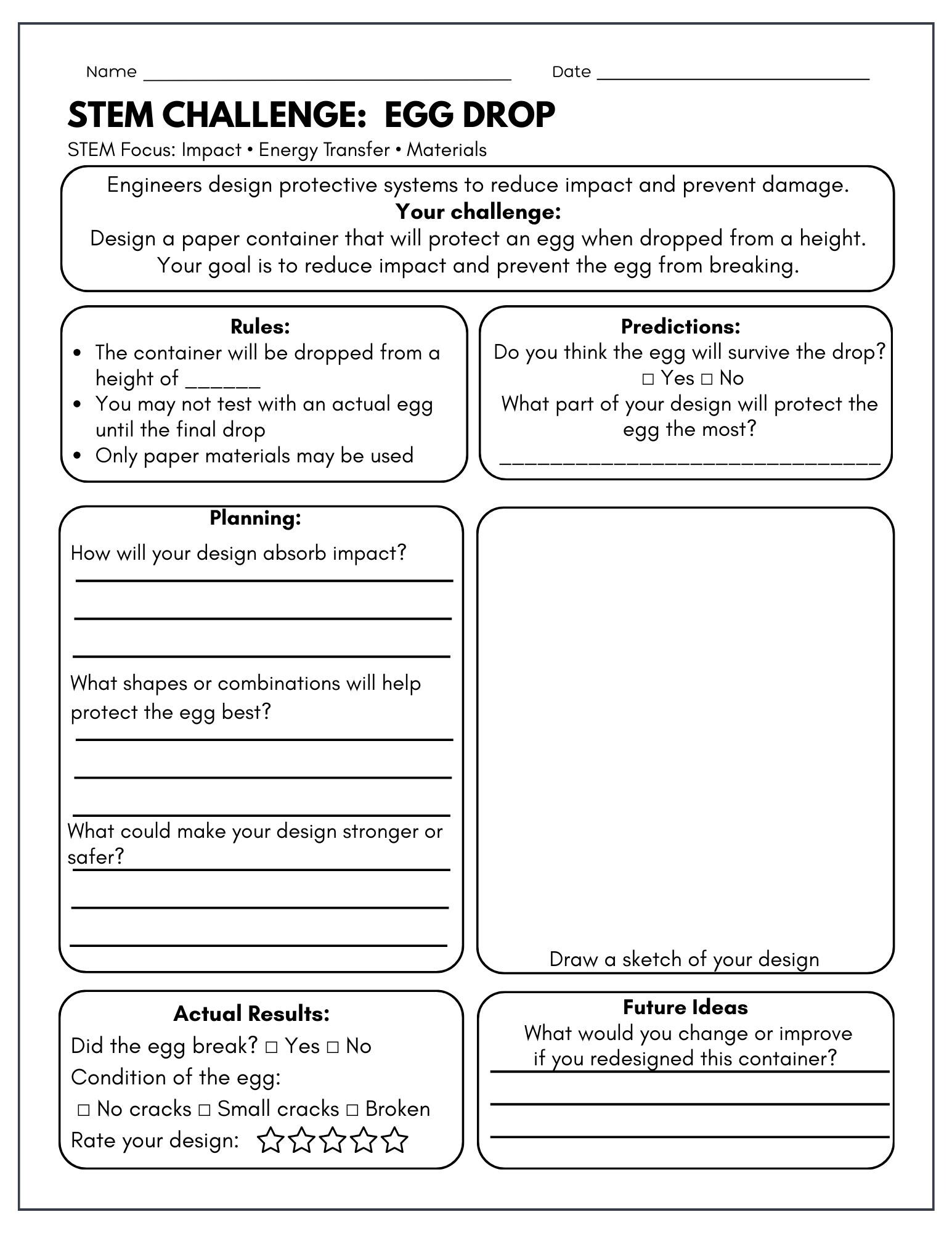 Egg Drop STEM Challenge Printable | Paper Engineering Activity | Impact ...